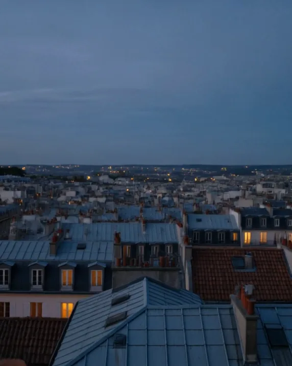 Toits de tuiles, d'ardoise et de zinc en Île-de-France au crépuscule